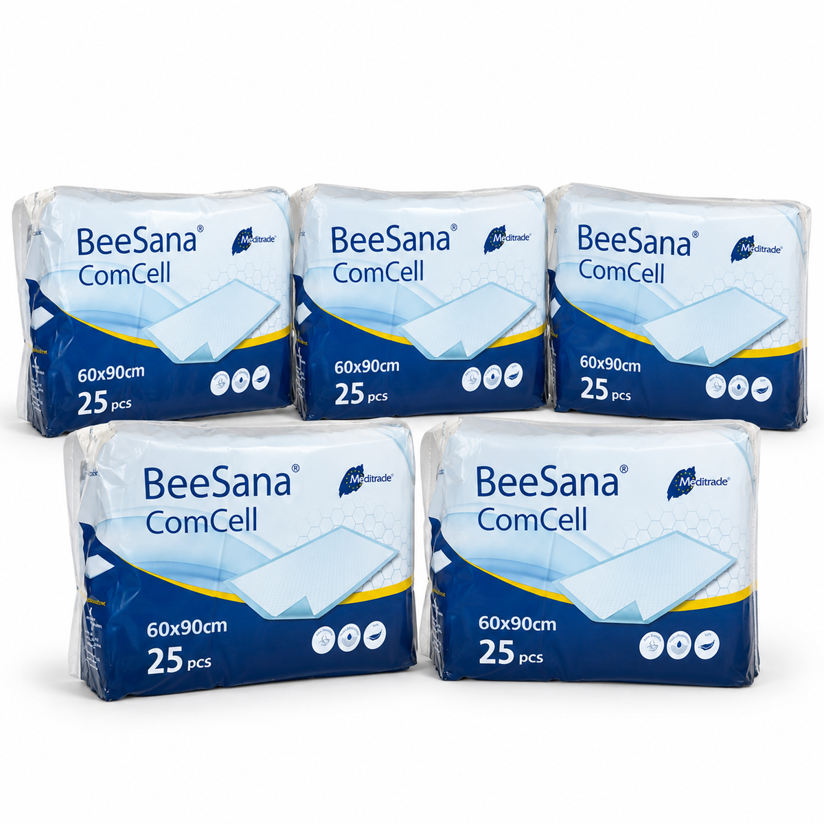 5 Packungen BeeSana Comcell mit jeweils 25 Bettschutzeinlagen 60 × 90 cm – insgesamt 125 Stück